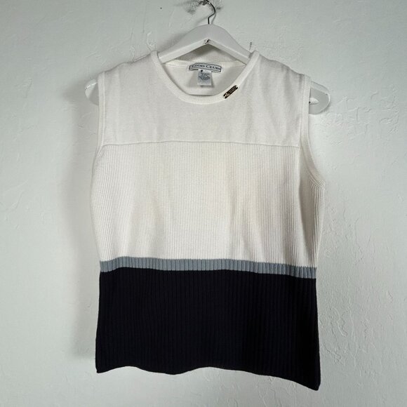 Izod Club Womens Sleeveless Colorblock Ribbed Knit Top XL White Black Pullover - Picture 1 of 8